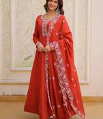 Sweet Rust Orange Bead Work Chanderi Wedding Wear Gown With Dupatta