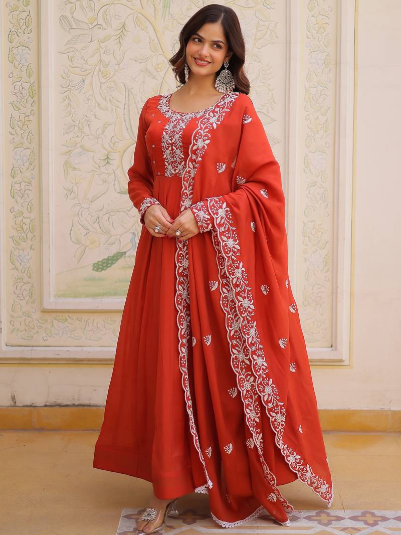 Sweet Rust Orange Bead Work Chanderi Wedding Wear Gown With Dupatta