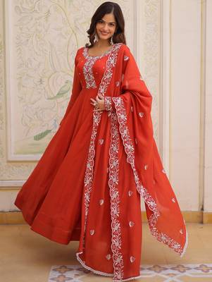 Sweet Rust Orange Bead Work Chanderi Wedding Wear Gown With Dupatta 3