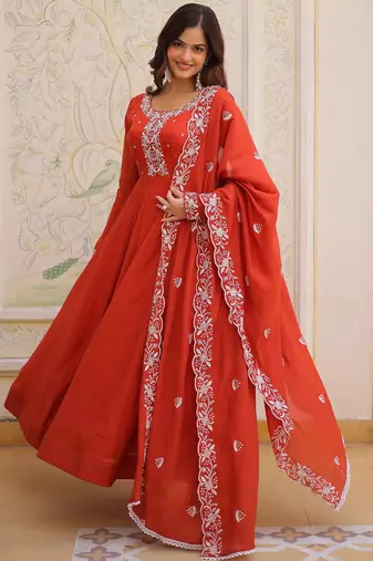 Sweet Rust Orange Bead Work Chanderi Wedding Wear Gown With Dupatta