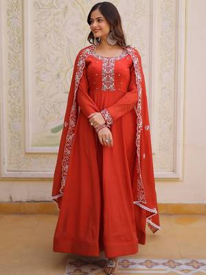 Sweet Rust Orange Bead Work Chanderi Wedding Wear Gown With Dupatta 4