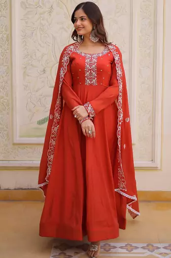 Sweet Rust Orange Bead Work Chanderi Wedding Wear Gown With Dupatta