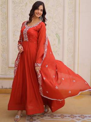 Sweet Rust Orange Bead Work Chanderi Wedding Wear Gown With Dupatta 5