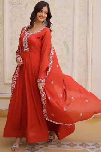 Sweet Rust Orange Bead Work Chanderi Wedding Wear Gown With Dupatta