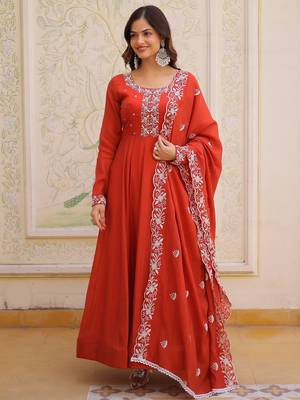Sweet Rust Orange Bead Work Chanderi Wedding Wear Gown With Dupatta 6