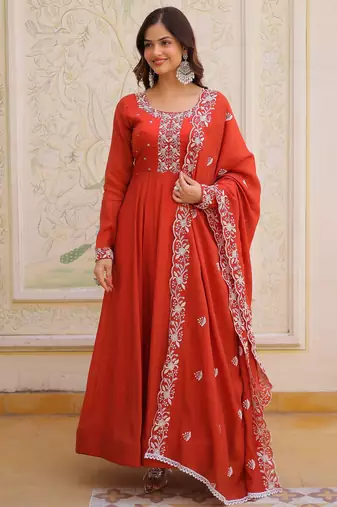 Sweet Rust Orange Bead Work Chanderi Wedding Wear Gown With Dupatta