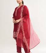 Mehroon muslin embroidered kurta, organza embroidered dupatta muslin full set