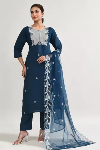 Navy blue muslin embroidered kurta, organza embroidered dupatta muslin full set