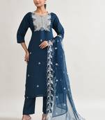 Navy blue muslin embroidered kurta, organza embroidered dupatta muslin full set