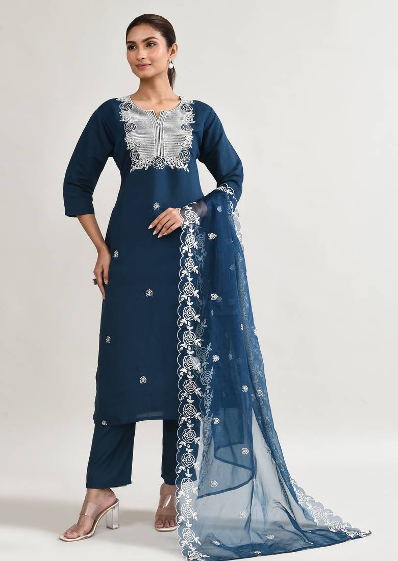 Navy blue muslin embroidered kurta, organza embroidered dupatta muslin full set