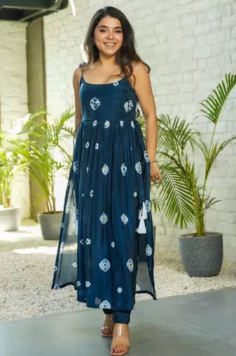 Elegant navy blue printed taby silk kurta set for women
