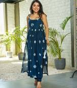 Elegant navy blue printed taby silk kurta set for women