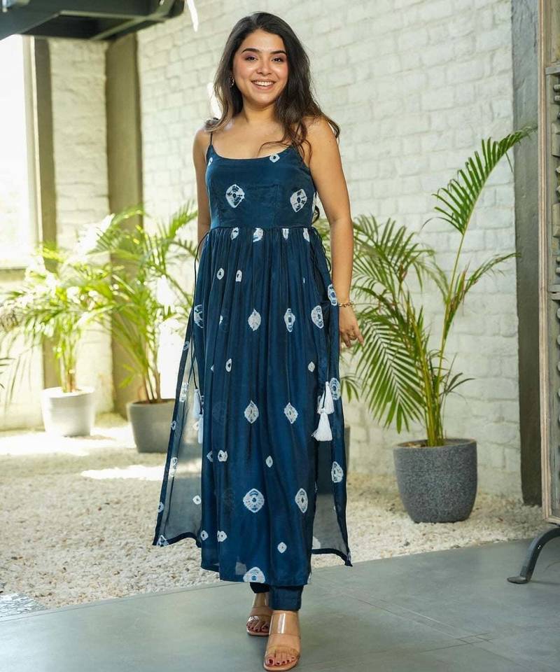 Elegant navy blue printed taby silk kurta set for women