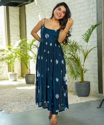  navy blue printed taby silk blend kurta set for women 2