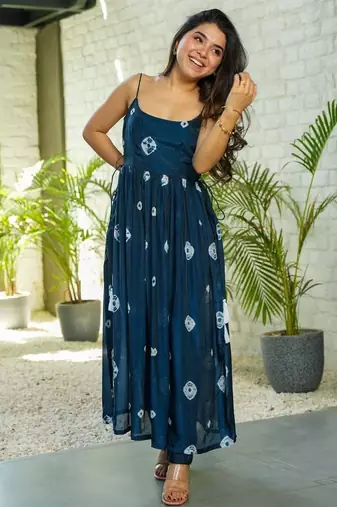 Elegant navy blue printed taby silk kurta set for women