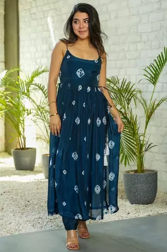 Elegant navy blue printed taby silk kurta set for women