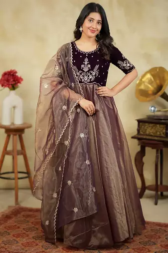 Elegant wine brown embroidered velvet with soft net anarkali gown with dupatta