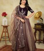 Elegant wine brown embroidered velvet with soft net anarkali gown with dupatta