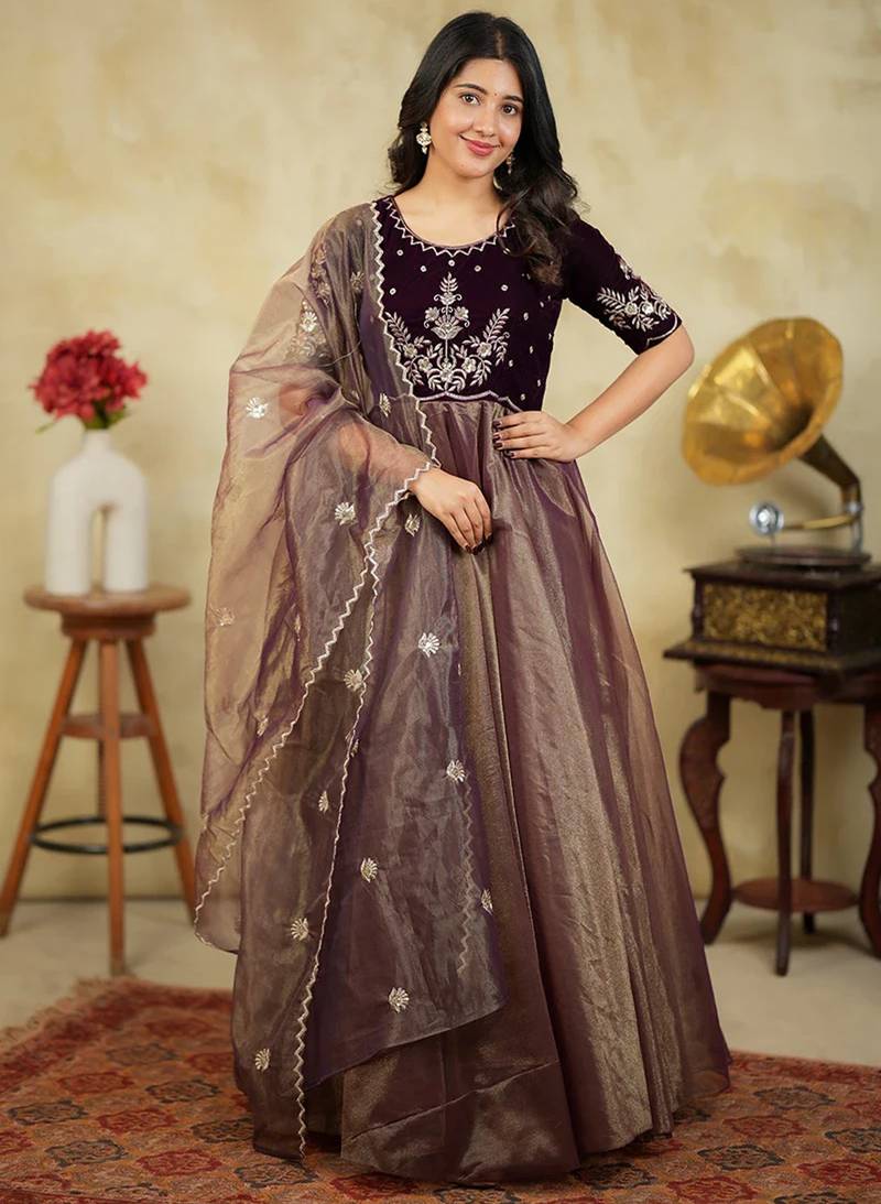 Elegant wine brown embroidered velvet with soft net anarkali gown with dupatta