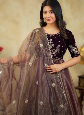  wine brown embroidered velvet with soft net anarkali gown with dupatta 4