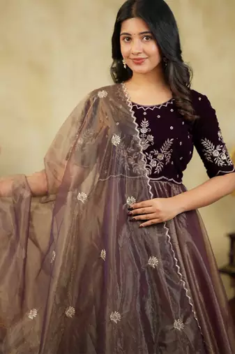 Elegant wine brown embroidered velvet with soft net anarkali gown with dupatta