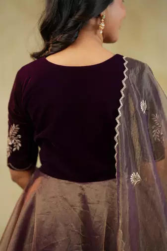 Elegant wine brown embroidered velvet with soft net anarkali gown with dupatta