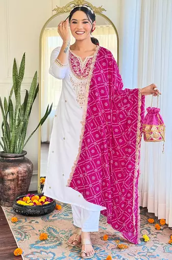 White embroidered viscose straight kurta set with pink printed dupatta & pant