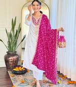 White embroidered viscose straight kurta set with pink printed dupatta & pant