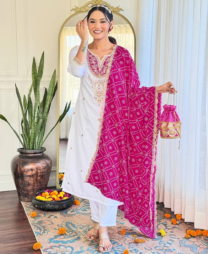 White embroidered viscose straight kurta set with pink printed dupatta & pant