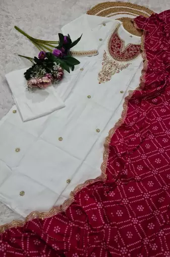 White Embroidered Viscose Kurta Set Pink Printed Pant