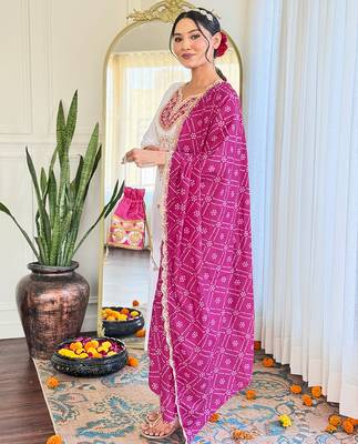 White embroidered viscose straight kurta set with pink printed dupatta & pant 2