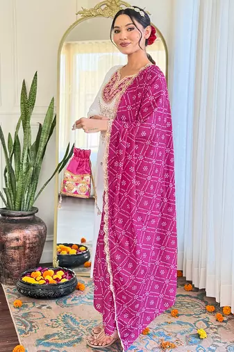 White embroidered viscose straight kurta set with pink printed dupatta & pant
