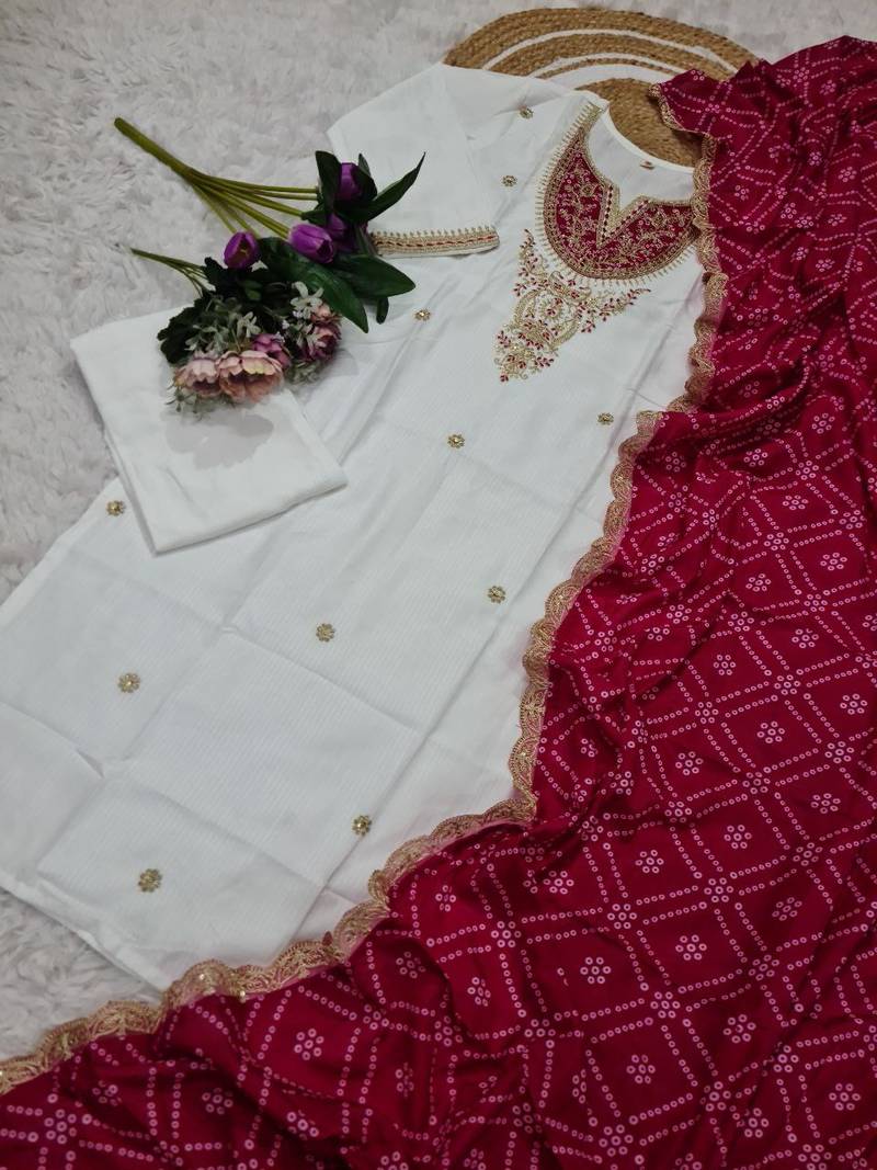 White Embroidered Viscose Kurta Set Pink Printed Pant
