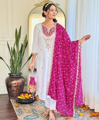 White embroidered viscose straight kurta set with pink printed dupatta & pant 3