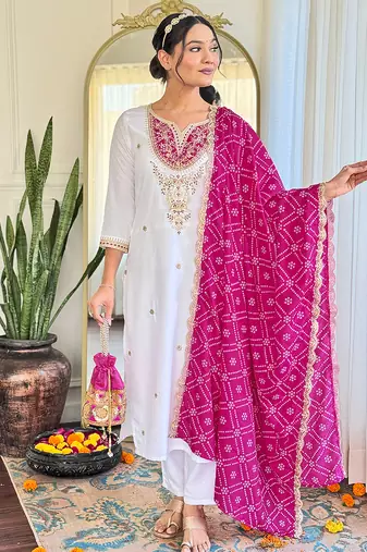 White embroidered viscose straight kurta set with pink printed dupatta & pant