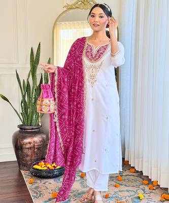 White embroidered viscose straight kurta set with pink printed dupatta & pant 4
