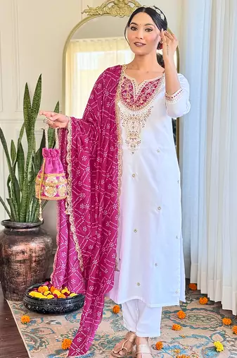 White embroidered viscose straight kurta set with pink printed dupatta & pant