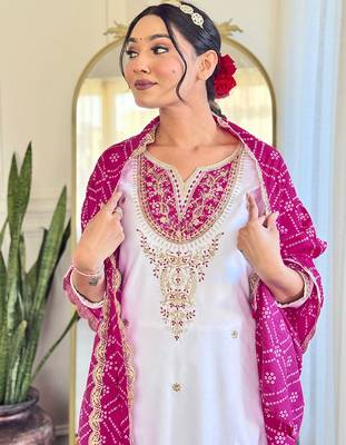 White embroidered viscose straight kurta set with pink printed dupatta & pant 5