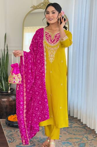 Yellow embroidered viscose straight kurta set with pink printed dupatta & pant