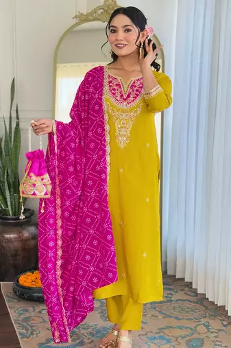 Yellow embroidered viscose straight kurta set with pink printed dupatta & pant
