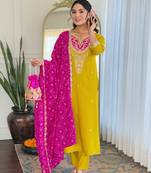 Yellow embroidered viscose straight kurta set with pink printed dupatta & pant