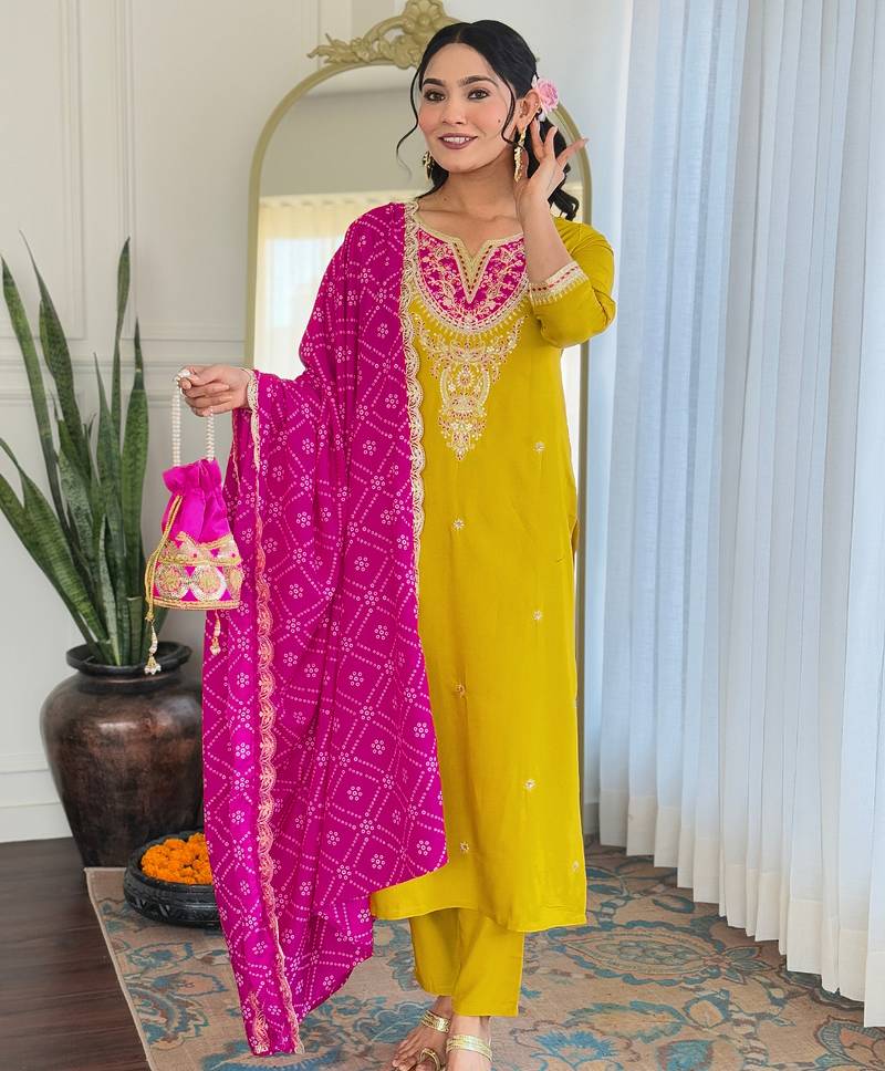 Yellow embroidered viscose straight kurta set with pink printed dupatta & pant