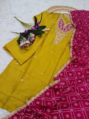 Yellow embroidered viscose straight kurta set with pink printed dupatta & pant 2