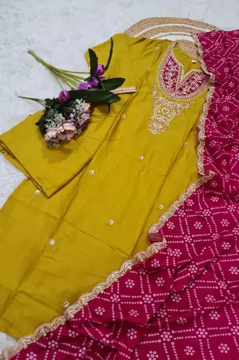 Yellow embroidered viscose straight kurta set with pink printed dupatta & pant