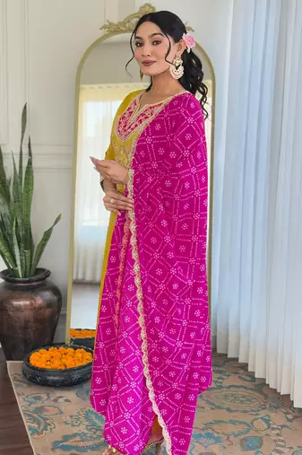 Yellow embroidered viscose straight kurta set with pink printed dupatta & pant