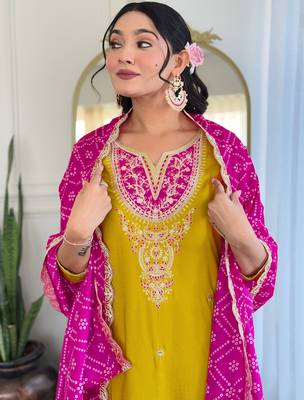 Yellow embroidered viscose straight kurta set with pink printed dupatta & pant 5
