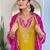Yellow embroidered viscose straight kurta set with pink printed dupatta & pant