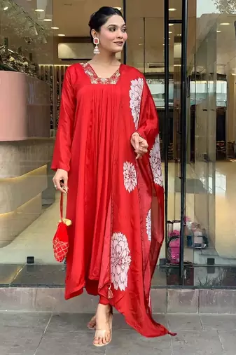Elegant red chinon straight kurta set with floral printed dupatta & pant