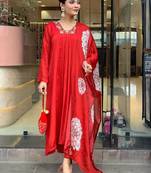 Elegant red chinon straight kurta set with floral printed dupatta & pant