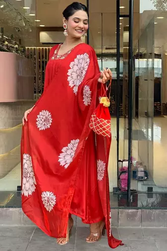Elegant red chinon straight kurta set with floral printed dupatta & pant